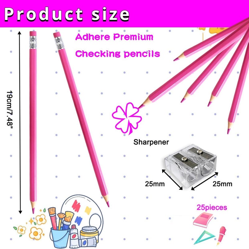 Adhere 25pcs Checking Pencils Erasable colored Pencils Pre-Sharpened #2 HB,for Checking Tests Grading,Map Coloring, editing Office Favors,including a Free sharpener. (Pink) - Image 2